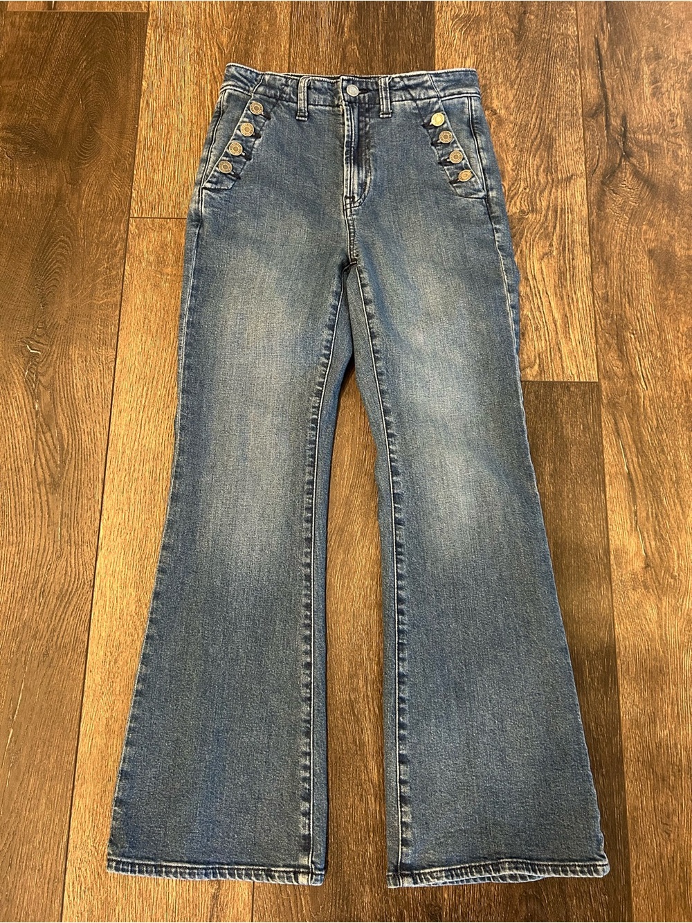 GAP Denim ‘70s Flare Jeans Sailor Button Pockets Medium Wash, Size 2/26 Short